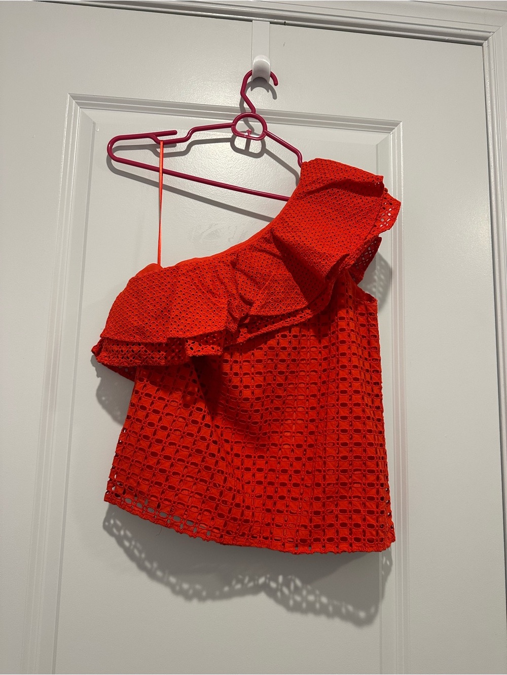 J CREW One-Shoulder Ruffle Eyelet Top - Red - Picture 4 of 4